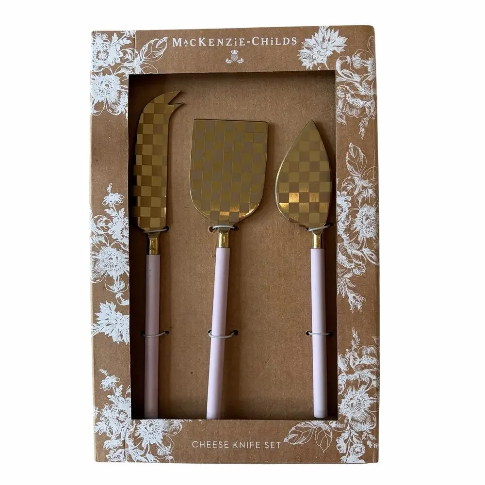 NEW MacKenzie-Childs Rosy Checked Cheese Knife Set of 3 in Original Box